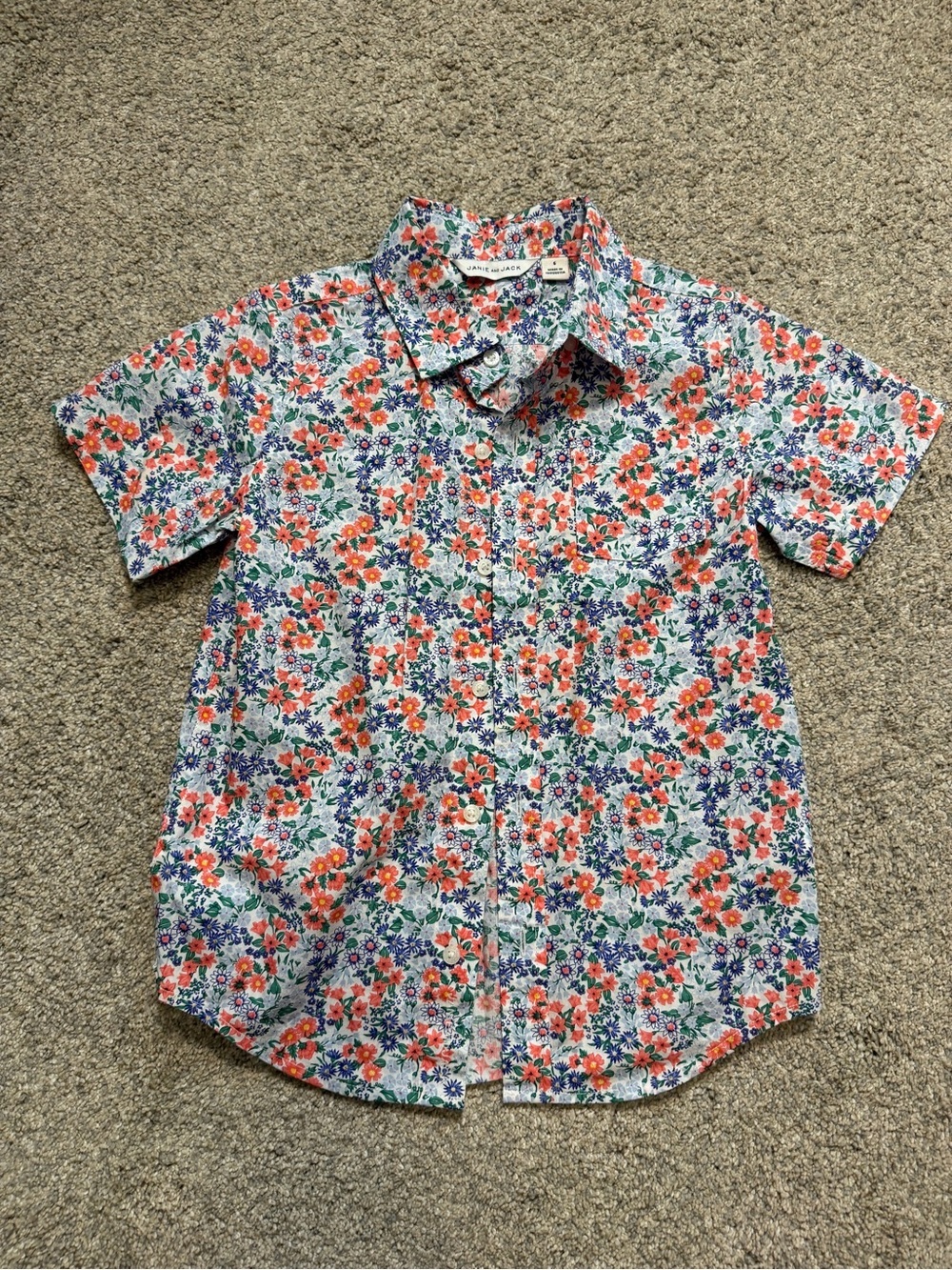 Janie and Jack Short-Sleeve Floral Button-Down - Coral, Blue, Green